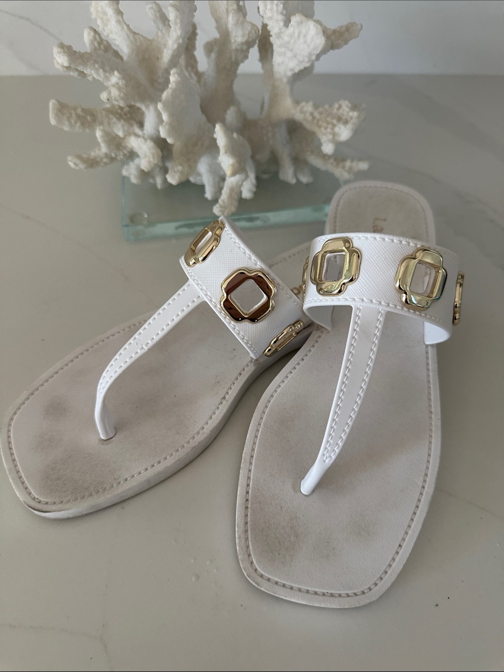 Larroude White Thong Sandals with Gold Accents. Size 6-7.